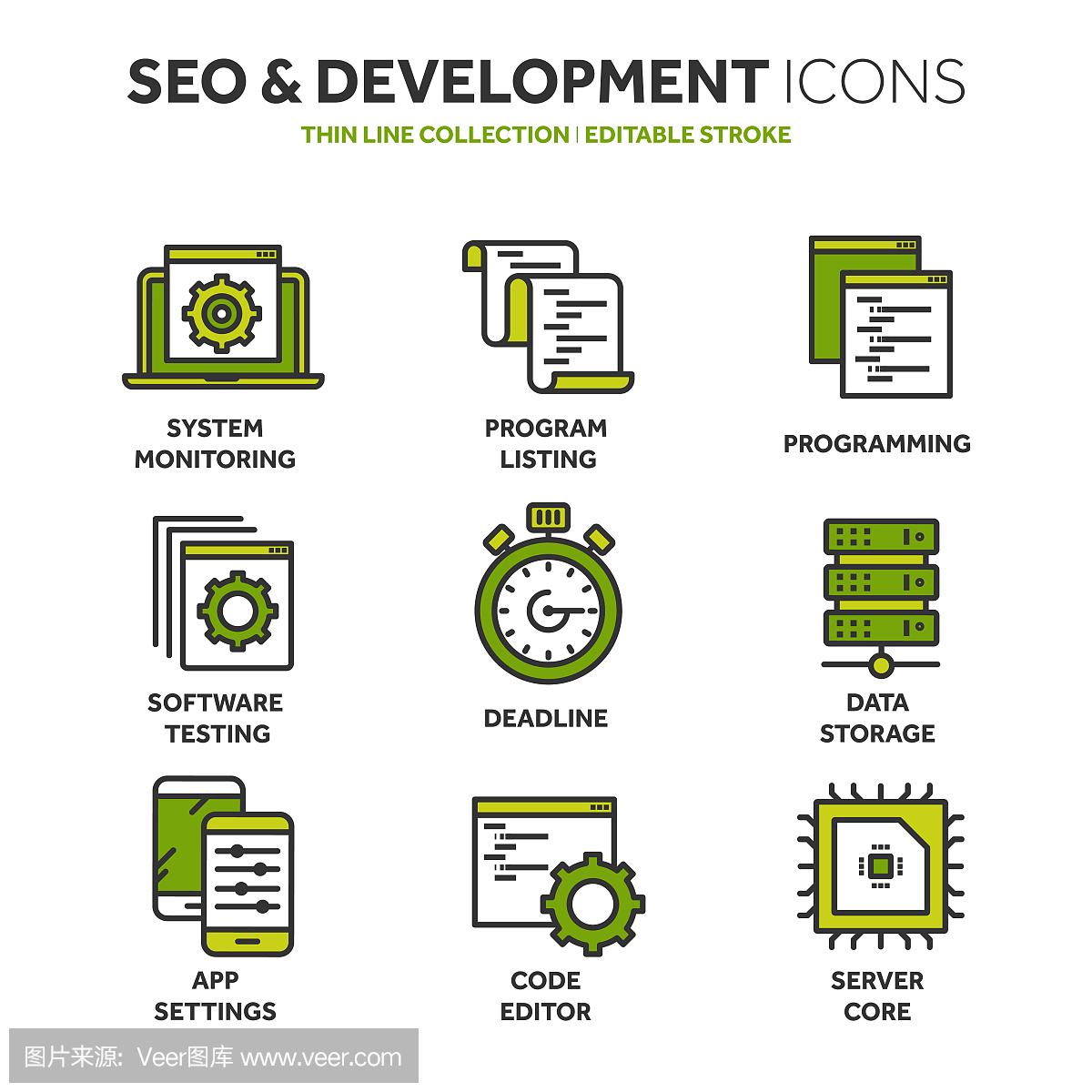 Seo和應用程序開發。搜索引擎優化。互聯網、電子商務。細線藍色網頁圖標設置。輪廓圖標集合。矢量圖